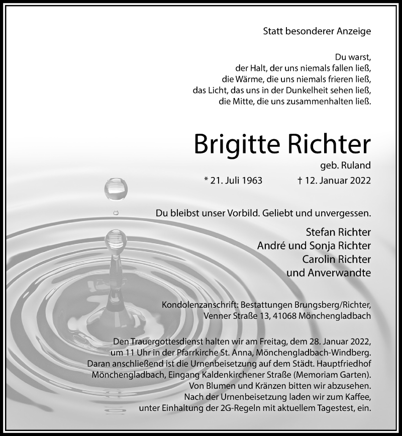  Traueranzeige für Brigitte Richter vom 22.01.2022 aus Rheinische Post