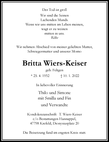 Traueranzeige von Britta Wiers-Keiser von Rheinische Post