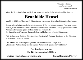 Traueranzeige von Brunhilde Hensel von Rheinische Post