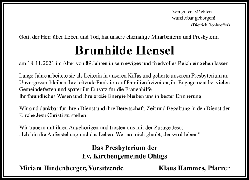  Traueranzeige für Brunhilde Hensel vom 15.01.2022 aus Rheinische Post