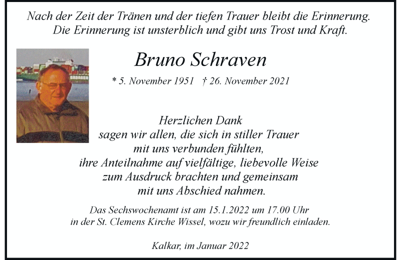  Traueranzeige für Bruno Schraven vom 08.01.2022 aus Rheinische Post
