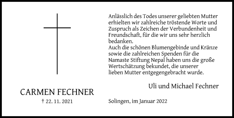  Traueranzeige für Carmen Fechner vom 15.01.2022 aus Rheinische Post