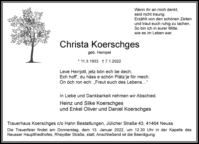  Traueranzeige für Christa Koerschges vom 12.01.2022 aus Rheinische Post