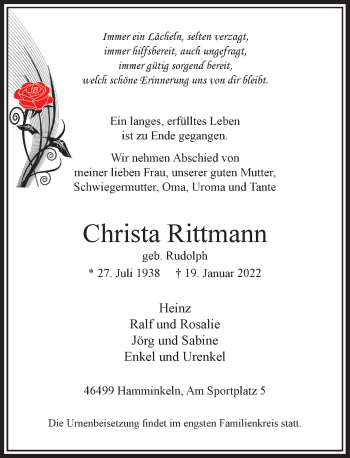 Traueranzeige von Christa Rittmann von Rheinische Post