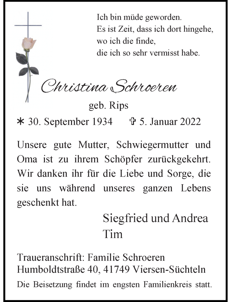  Traueranzeige für Christina Schroeren vom 15.01.2022 aus Rheinische Post