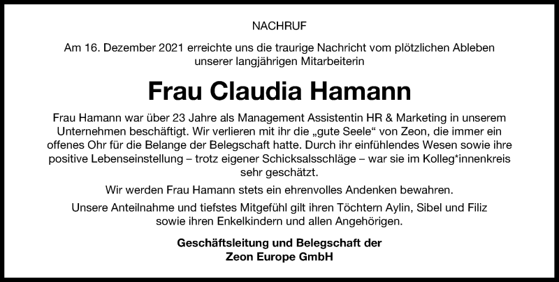  Traueranzeige für Claudia Hamann vom 22.01.2022 aus Rheinische Post