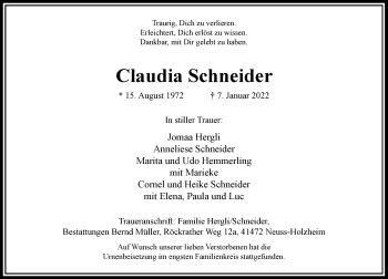 Traueranzeige von Claudia Schneider von Rheinische Post