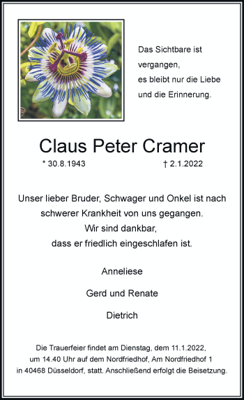 Traueranzeige von Claus Peter Cramer von Rheinische Post