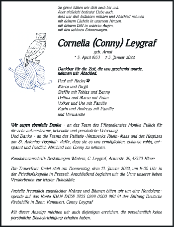 Traueranzeige von Cornelia Leygraf von Rheinische Post