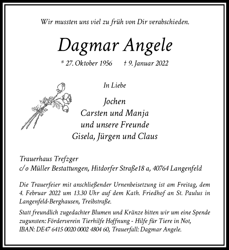  Traueranzeige für Dagmar Angele vom 22.01.2022 aus Rheinische Post