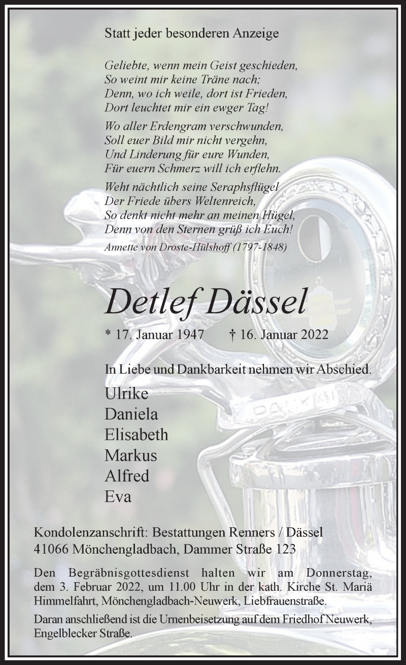  Traueranzeige für Detlef Dässel vom 29.01.2022 aus Rheinische Post