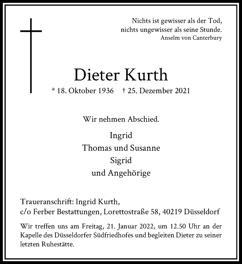  Traueranzeige für Dieter Kurth vom 15.01.2022 aus Rheinische Post