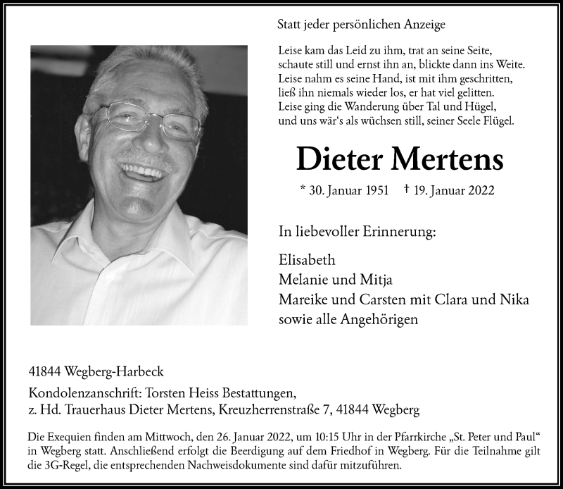  Traueranzeige für Dieter Mertens vom 22.01.2022 aus Rheinische Post