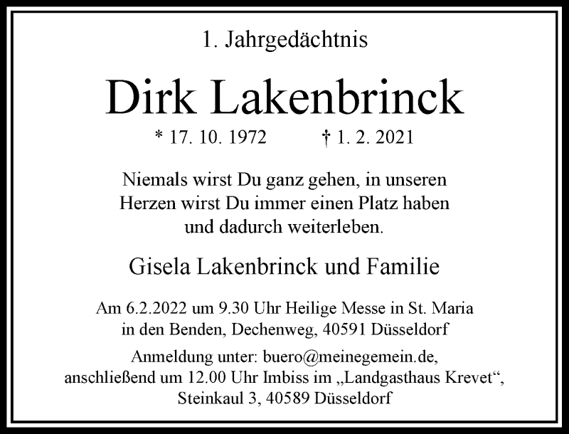  Traueranzeige für Dirk Lakenbrinck vom 29.01.2022 aus Rheinische Post