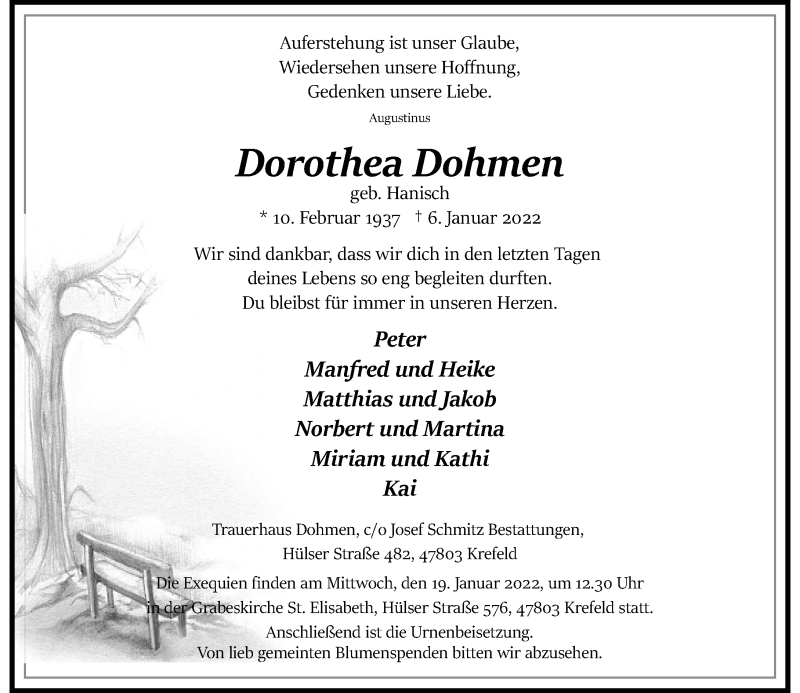  Traueranzeige für Dorothea Dohmen vom 15.01.2022 aus Rheinische Post