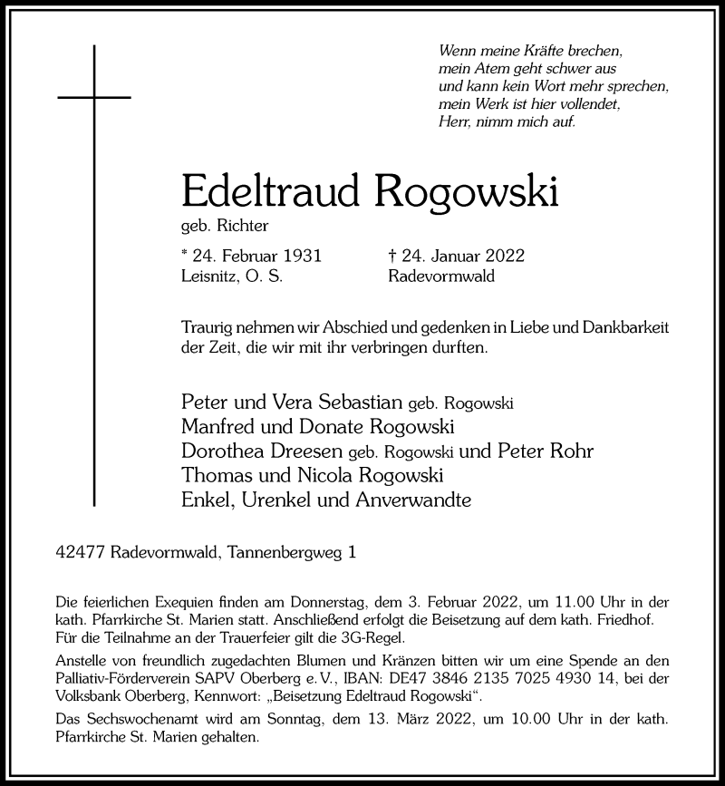 Traueranzeige für Edeltraud Rogowski vom 29.01.2022 aus Rheinische Post