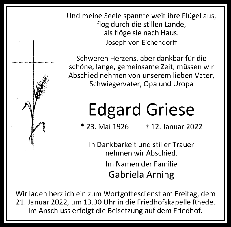  Traueranzeige für Edgard Griese vom 18.01.2022 aus Rheinische Post