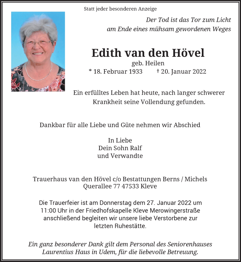  Traueranzeige für Edith van den Hövel vom 22.01.2022 aus Rheinische Post