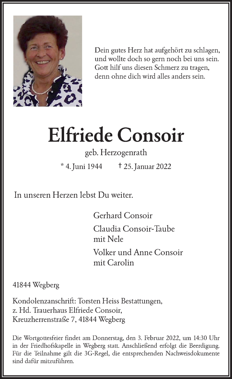  Traueranzeige für Elfriede Consoir vom 29.01.2022 aus Rheinische Post