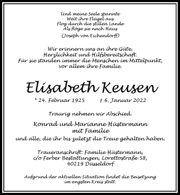 Traueranzeige von Elisabeth Keusen von Rheinische Post