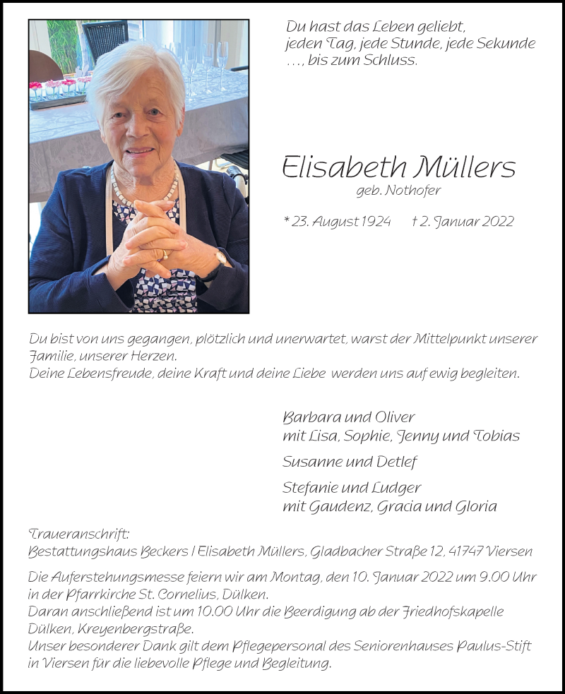  Traueranzeige für Elisabeth Müllers vom 08.01.2022 aus Rheinische Post