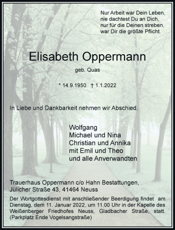 Traueranzeige von Elisabeth Oppermann von Rheinische Post