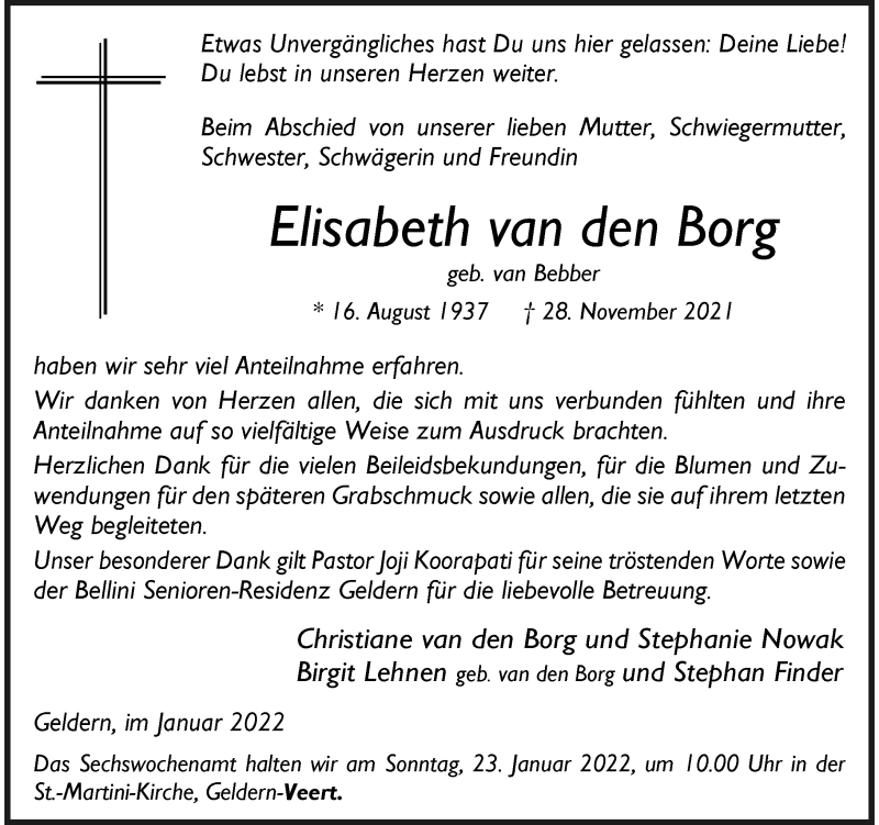  Traueranzeige für Elisabeth van den Borg vom 15.01.2022 aus Rheinische Post