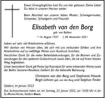 Traueranzeige von Elisabeth van den Borg von Rheinische Post