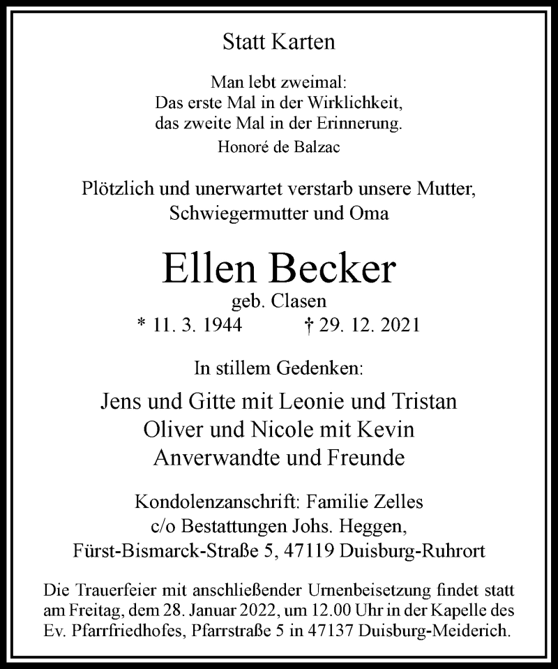  Traueranzeige für Ellen Becker vom 21.01.2022 aus Rheinische Post