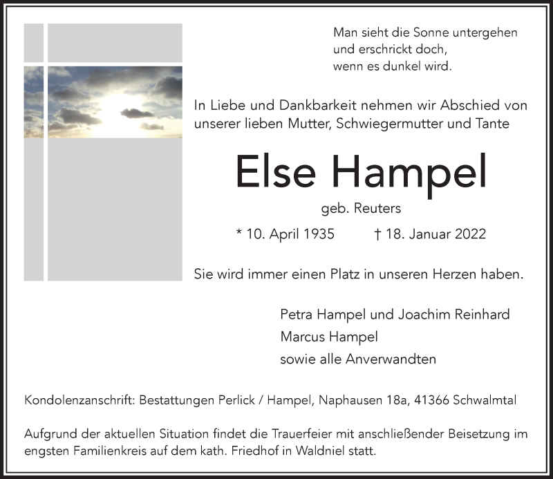  Traueranzeige für Else Hampel vom 22.01.2022 aus Rheinische Post