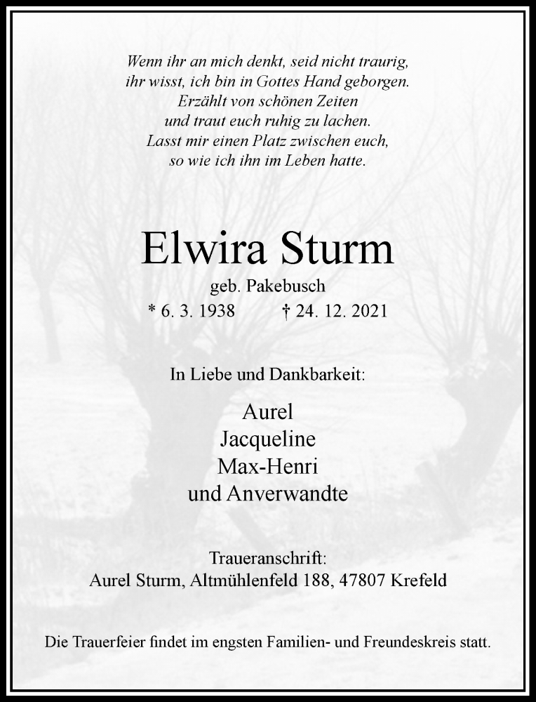  Traueranzeige für Elwira Sturm vom 08.01.2022 aus Rheinische Post