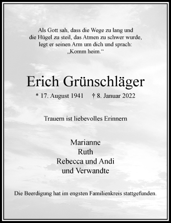 Traueranzeige von Erich Grünschläger von Rheinische Post