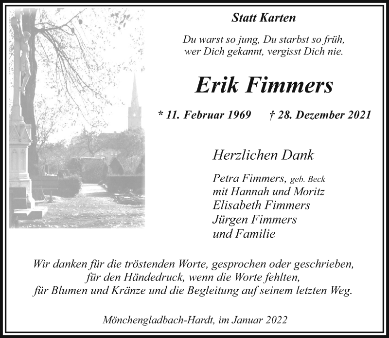  Traueranzeige für Erik Fimmers vom 22.01.2022 aus Rheinische Post