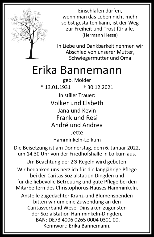  Traueranzeige für Erika Bannemann vom 04.01.2022 aus Rheinische Post