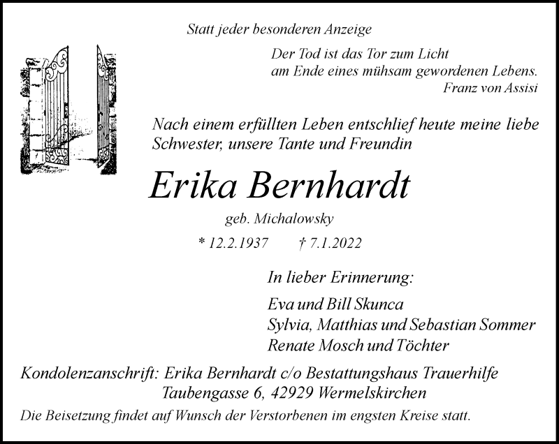  Traueranzeige für Erika Bernhardt vom 15.01.2022 aus Rheinische Post