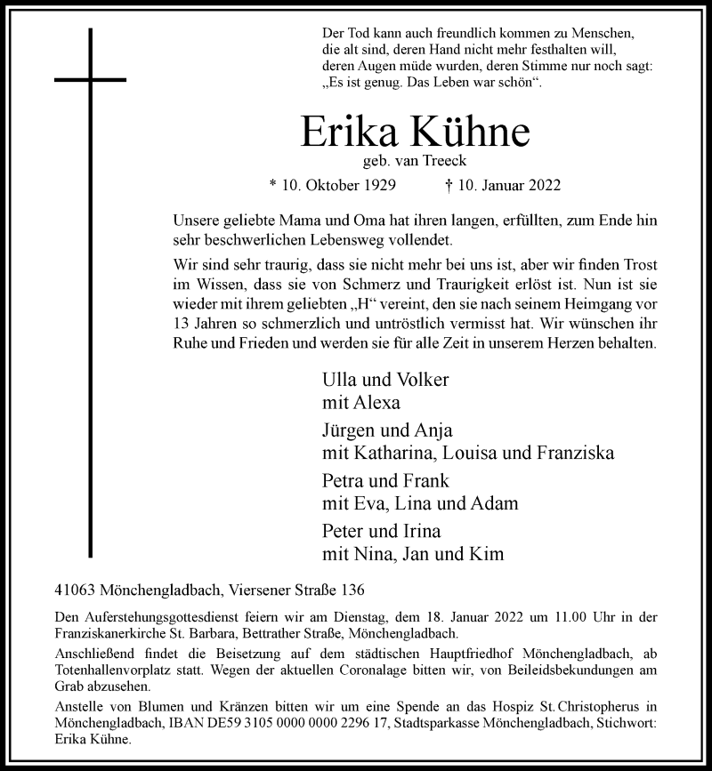  Traueranzeige für Erika Kühne vom 15.01.2022 aus Rheinische Post