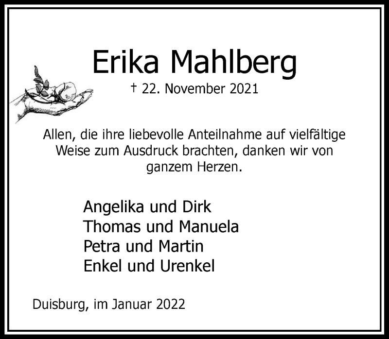  Traueranzeige für Erika Mahlberg vom 15.01.2022 aus Rheinische Post