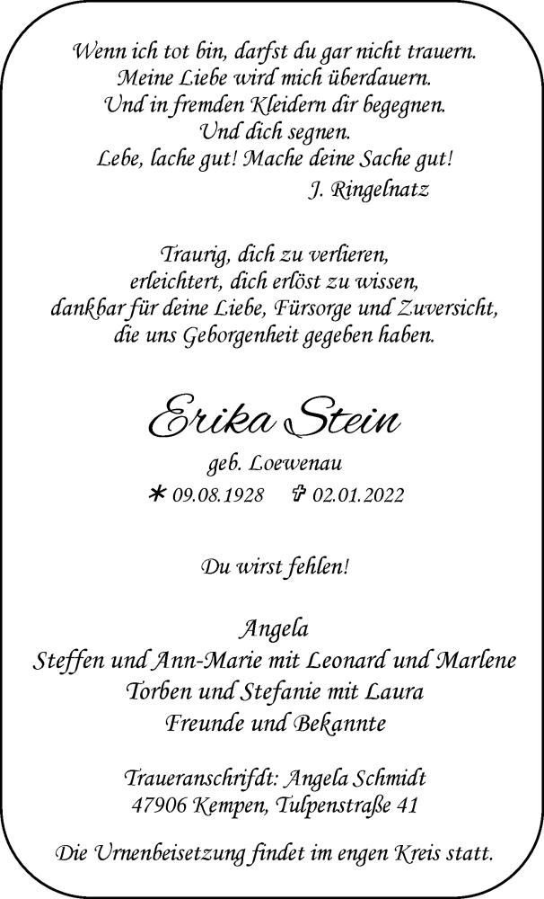 Traueranzeige für Erika Stein vom 15.01.2022 aus Rheinische Post