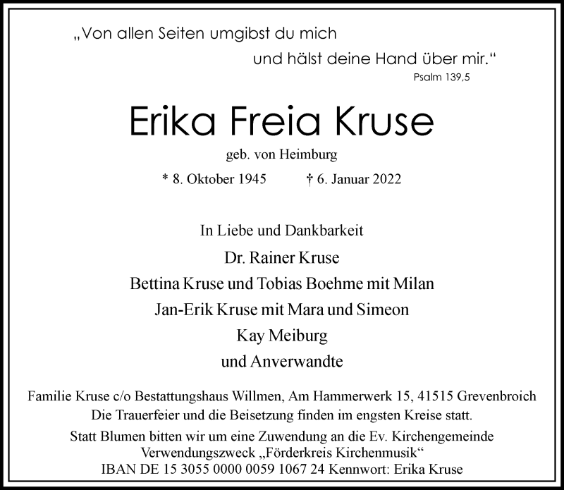  Traueranzeige für Erika Freia Kruse vom 12.01.2022 aus Rheinische Post