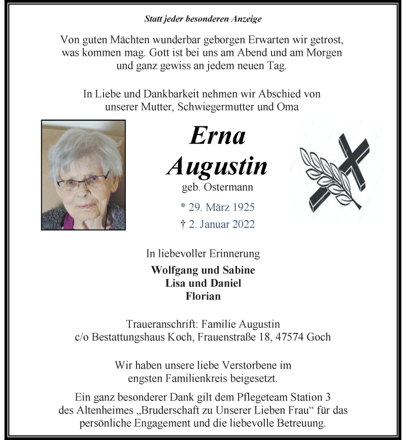  Traueranzeige für Erna Augustin vom 08.01.2022 aus Rheinische Post