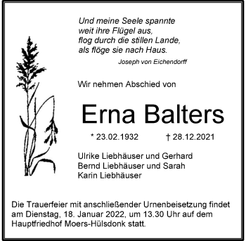 Traueranzeige von Erna Balters von Rheinische Post