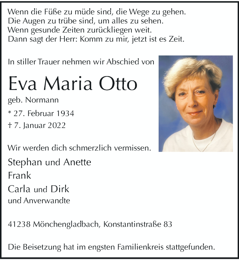  Traueranzeige für Eva Maria Otto vom 22.01.2022 aus Rheinische Post