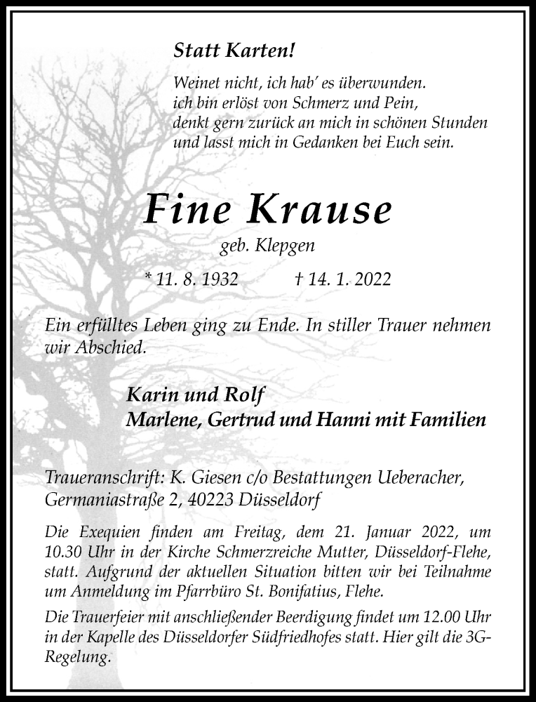  Traueranzeige für Fine Krause vom 19.01.2022 aus Rheinische Post