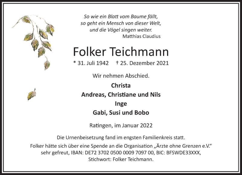  Traueranzeige für Folker Teichmann vom 15.01.2022 aus Rheinische Post
