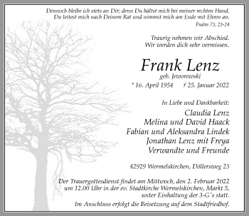 Traueranzeige von Frank Lenz von Rheinische Post