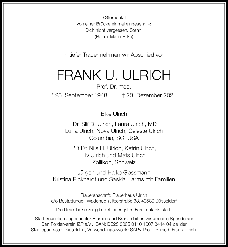  Traueranzeige für Frank Ulrich vom 08.01.2022 aus Rheinische Post