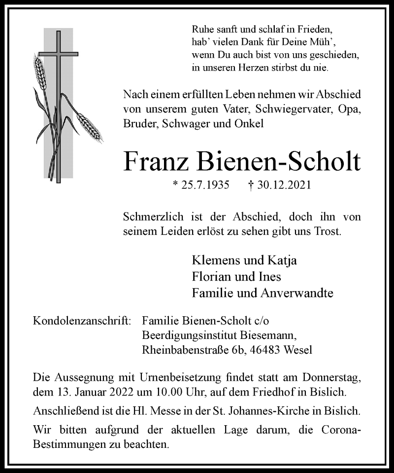  Traueranzeige für Franz Bienen-Scholt vom 08.01.2022 aus Rheinische Post