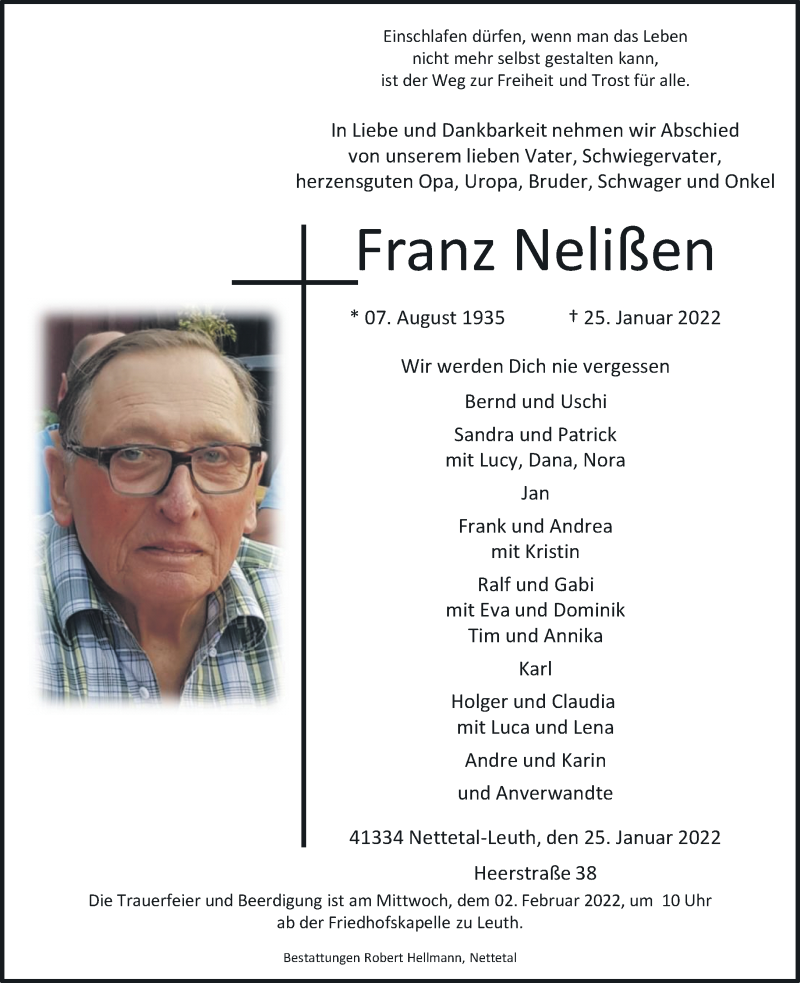  Traueranzeige für Franz Nelißen vom 29.01.2022 aus Rheinische Post