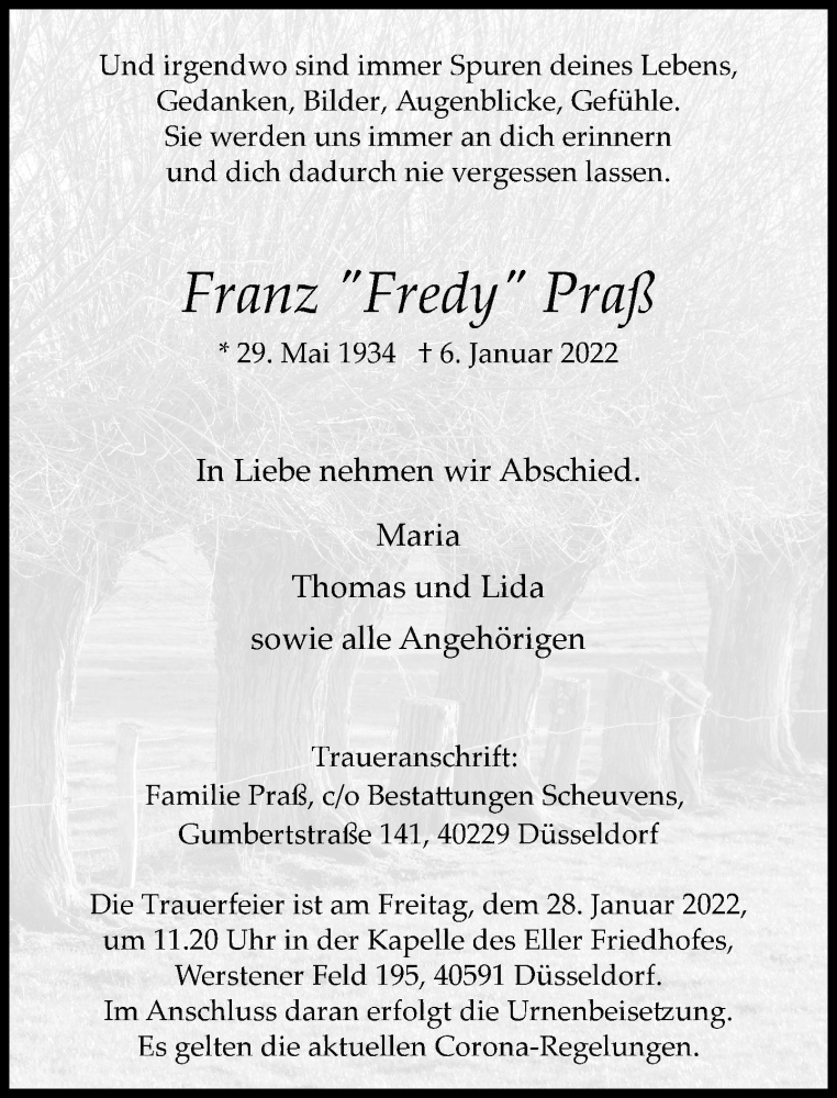 Traueranzeige für Franz Praß vom 15.01.2022 aus Rheinische Post