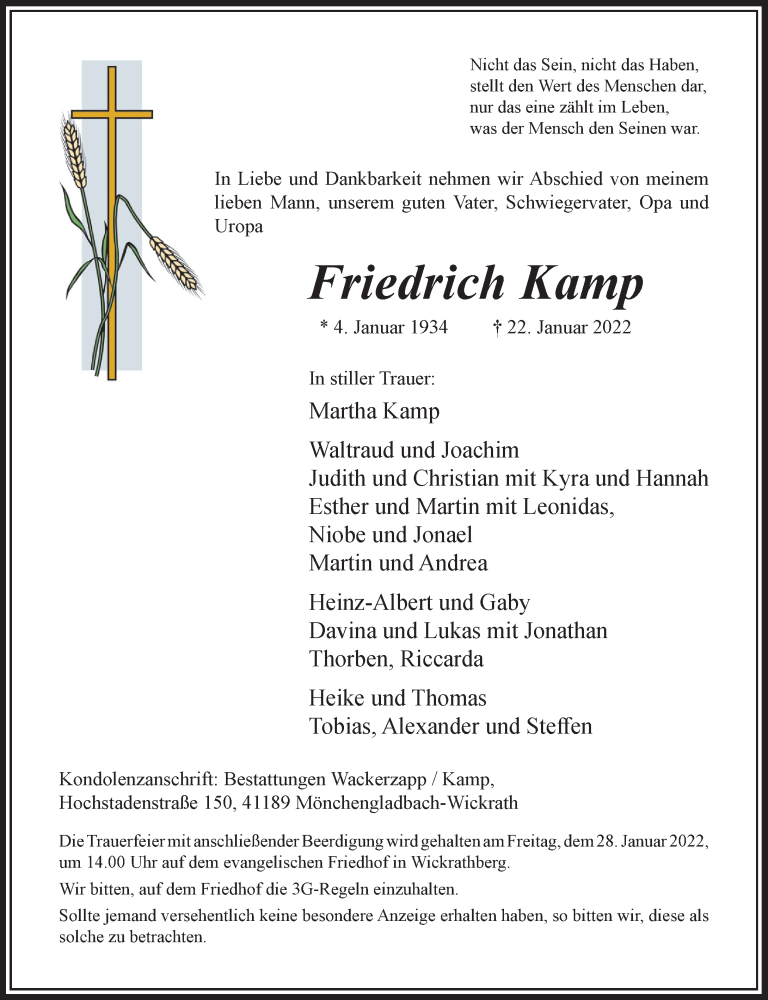  Traueranzeige für Friedrich Kamp vom 26.01.2022 aus Rheinische Post